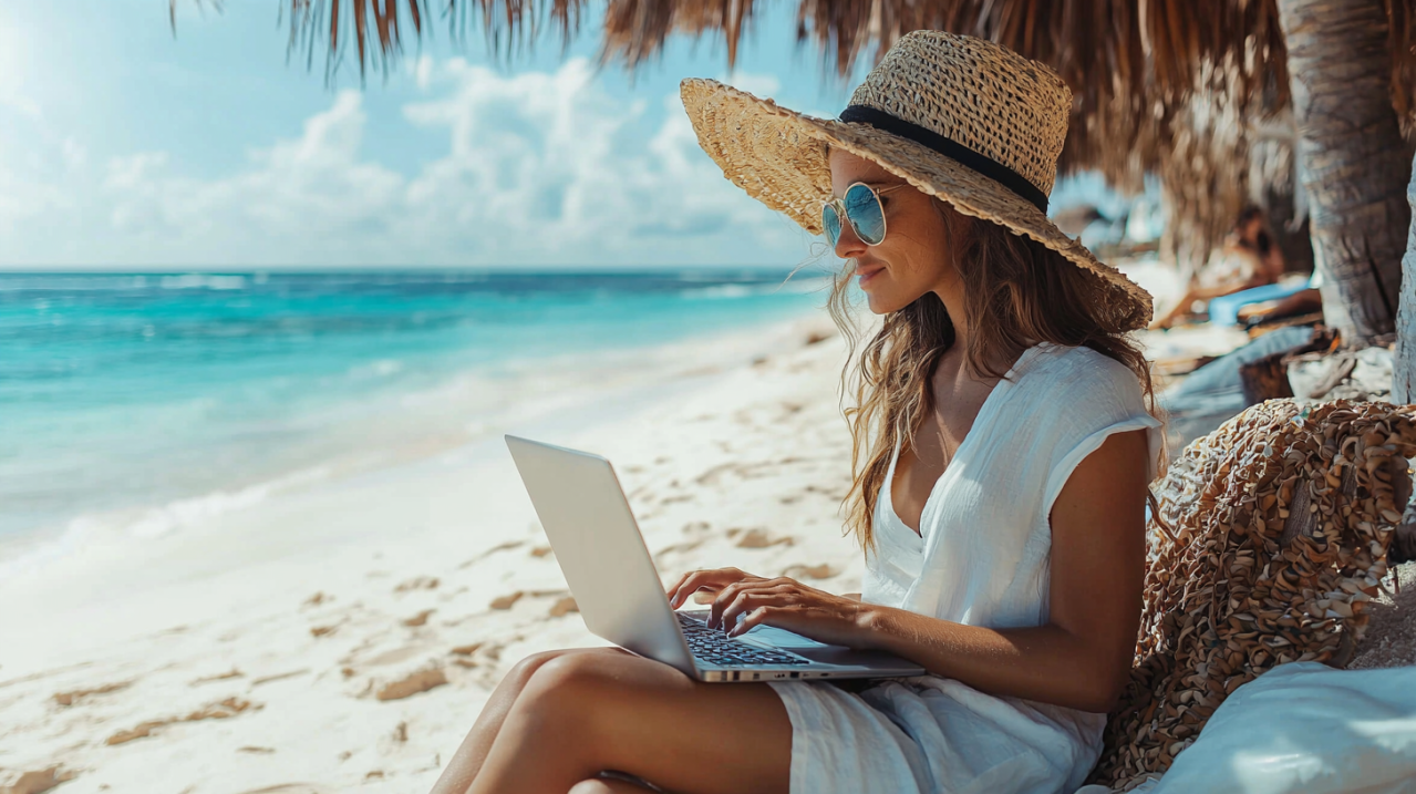 writing a blog post on the beach in Mexico